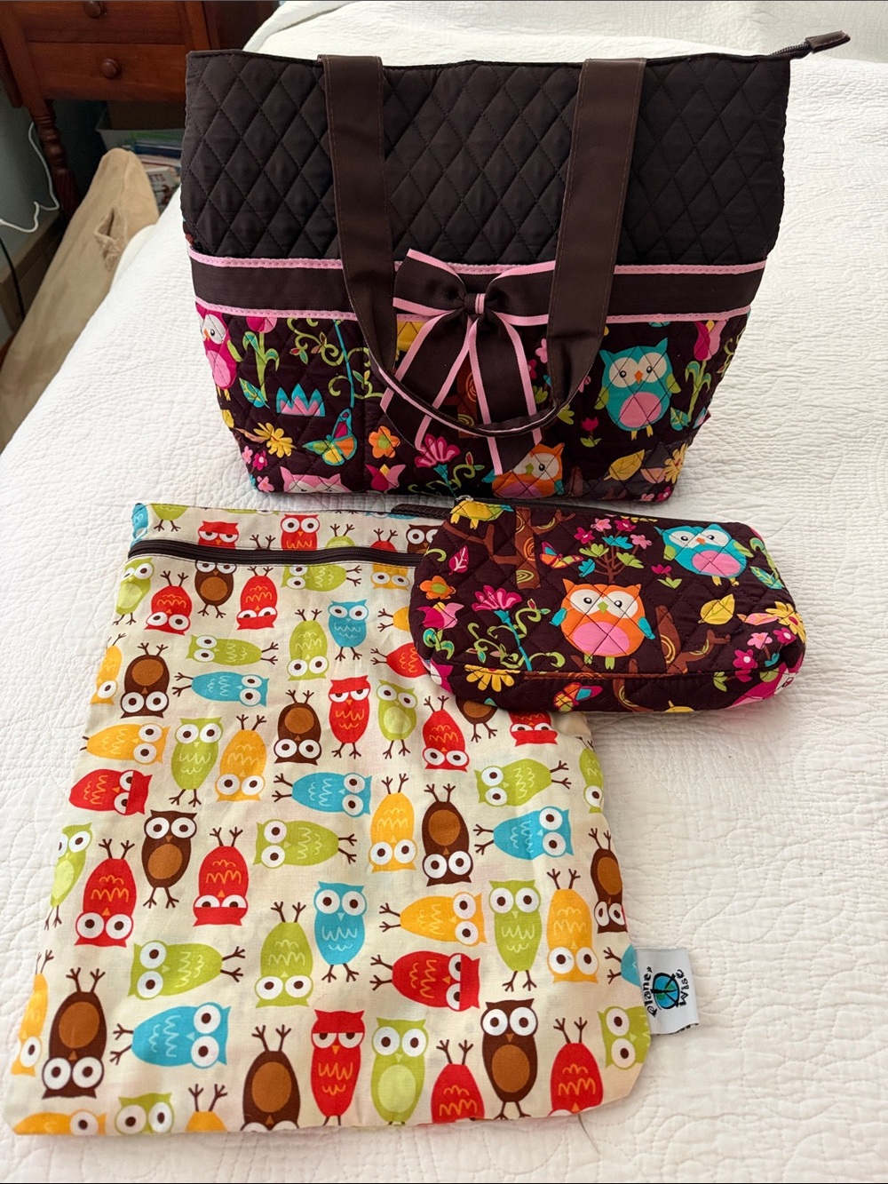 Kids Quilted Brown Owl Tote Bag Set with Pink Trim